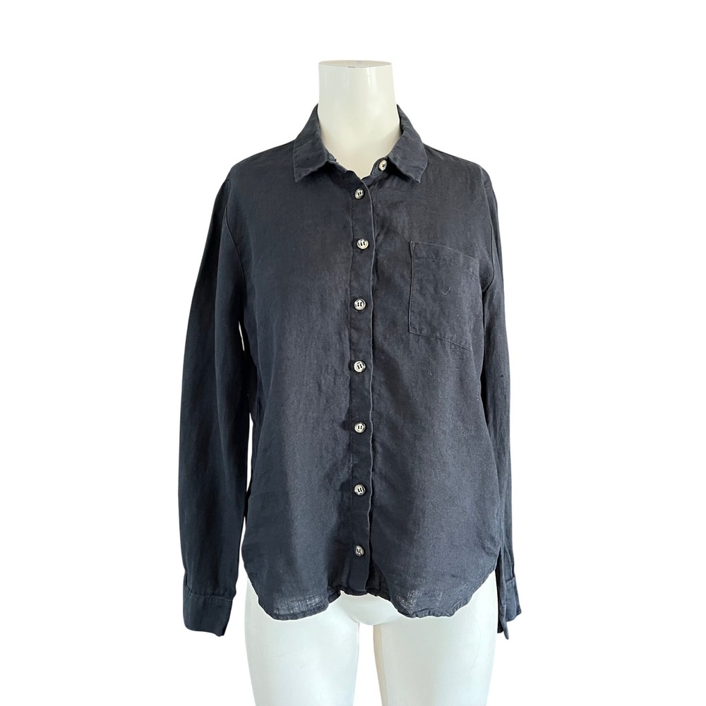 Reformation Black 100% Linen Button Down Long Sleeve Shirt RN143248
